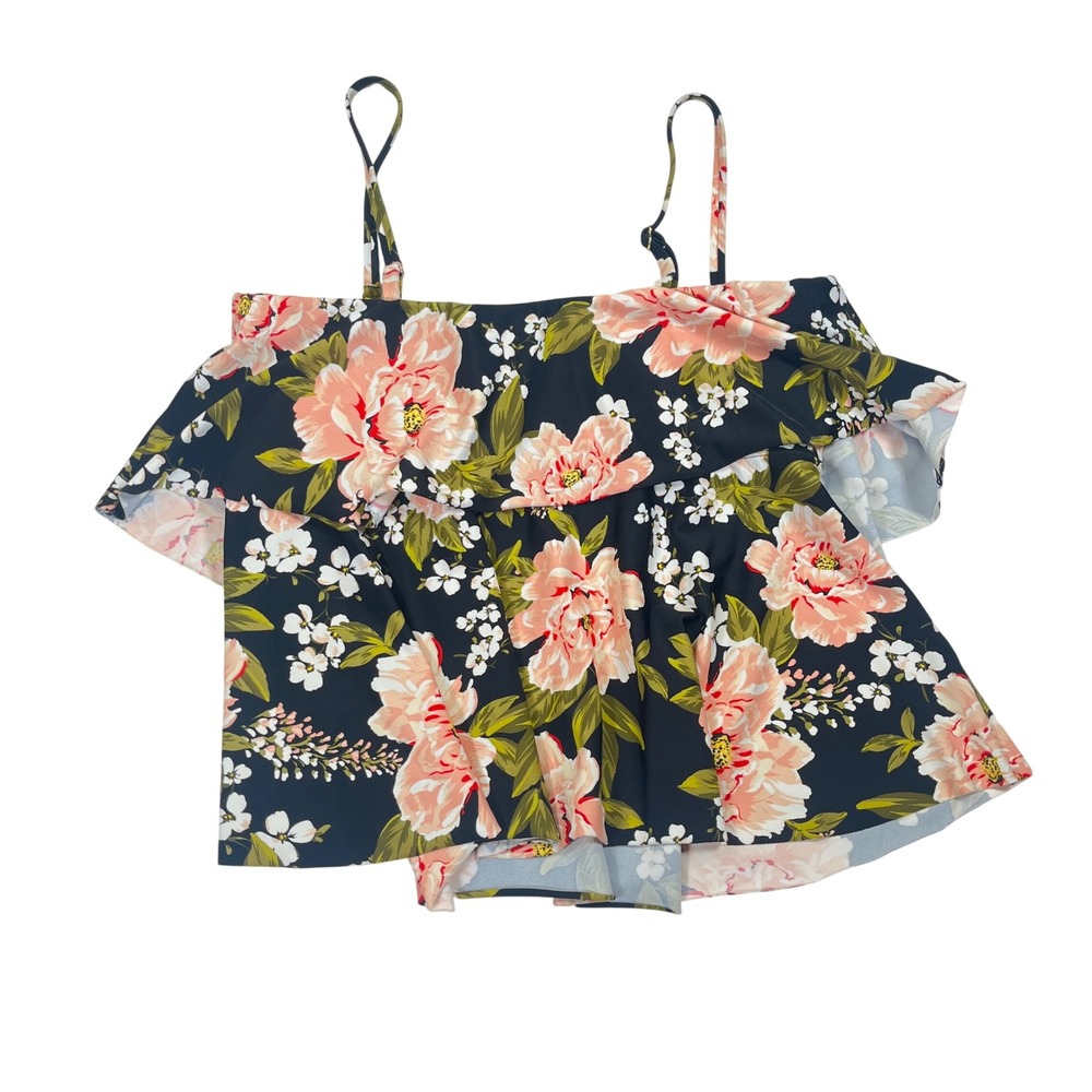Kona Sol Tankini Top Womens Large Black Floral Ruffle Flounce Swimwear Bikini